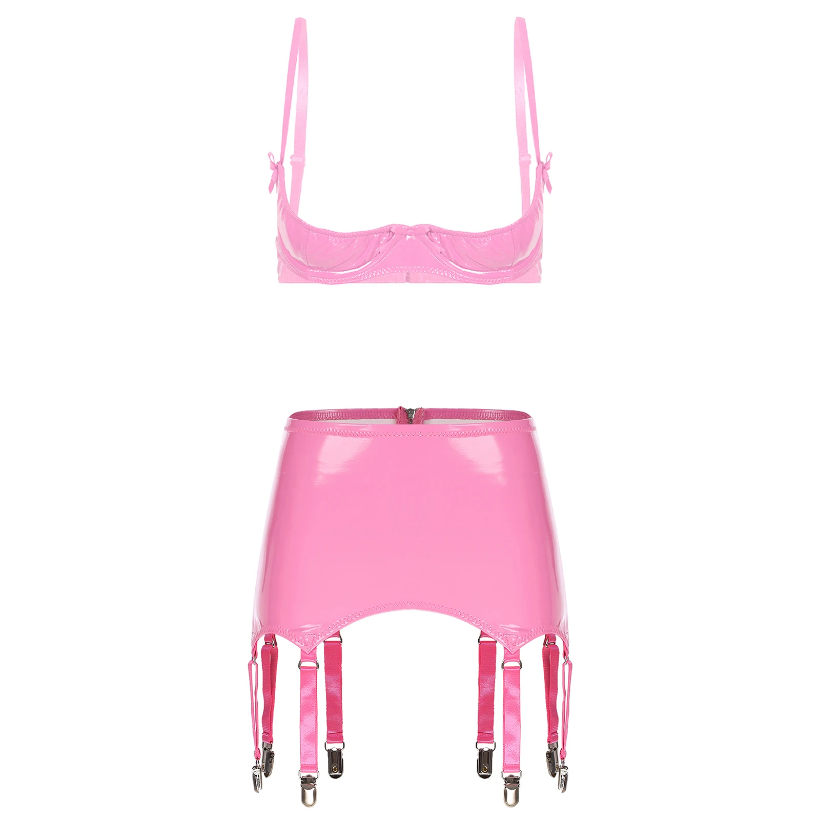 Women Wet Look PU Leather Lingerie Set 1/4 Cup Push-up Underwire Bra Top Bodycon Miniskirt with Garter Clips Rave Party Clubwear