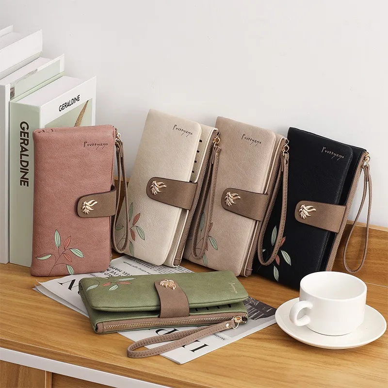 PU ladies' long wallet, printed zipper buckle mobile phone storage, multi-functional multi-slot, large-capacity hand-held wallet