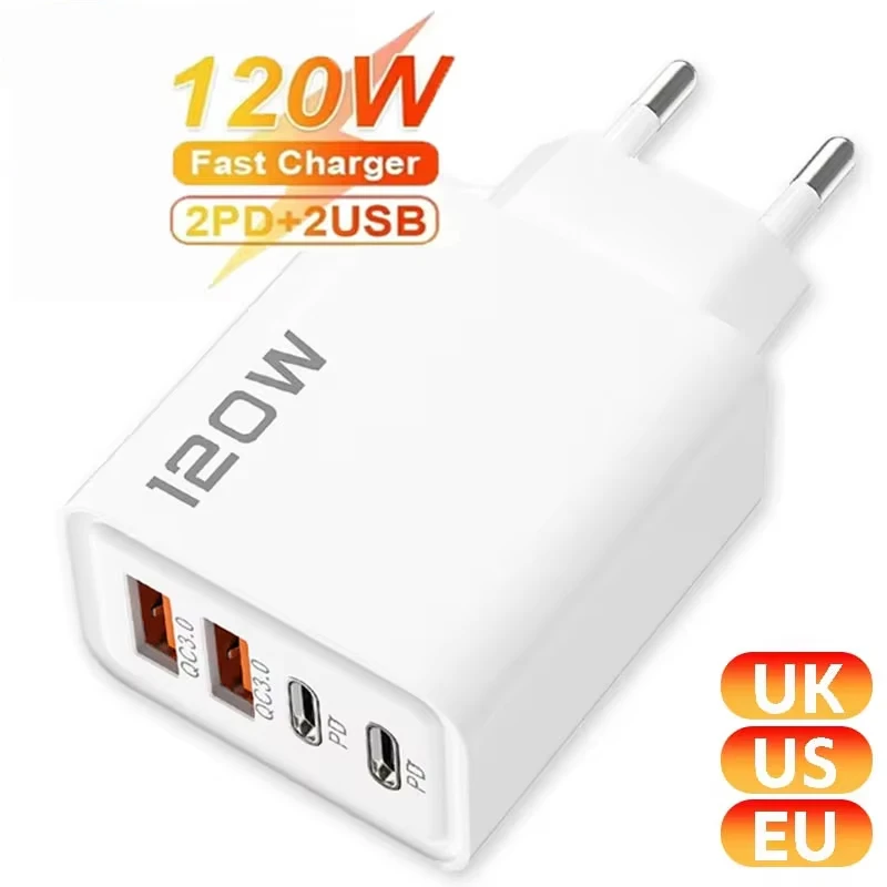 120W 4 Port USB Type C Charger Fast Charging Data Cable USB Phone Charger Adapter For Samsung IPhone Huawei Charger New