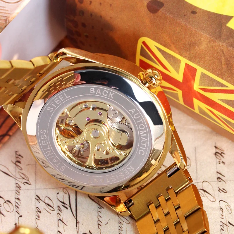 ساعة ميكانيكية فاخرة بحزام فولاذي ذهبي على طراز الأعمال من توربيون سيستار أوتوماتيكية بالكامل