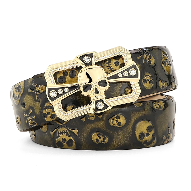 

High quality luxury slide buckle designers belts men genuine leather skull head pattern cowskin male casual cintos masculinos