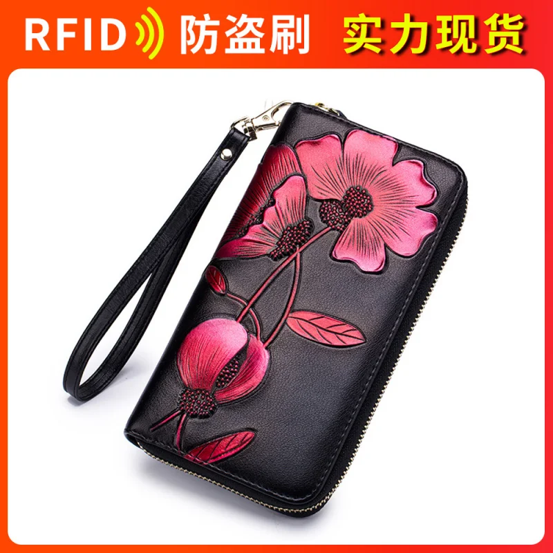 Western RDIF Protecting Handpainting Long Women Wallet Fashion Zipper Design Flower Embossed Leather Purse for Ladies