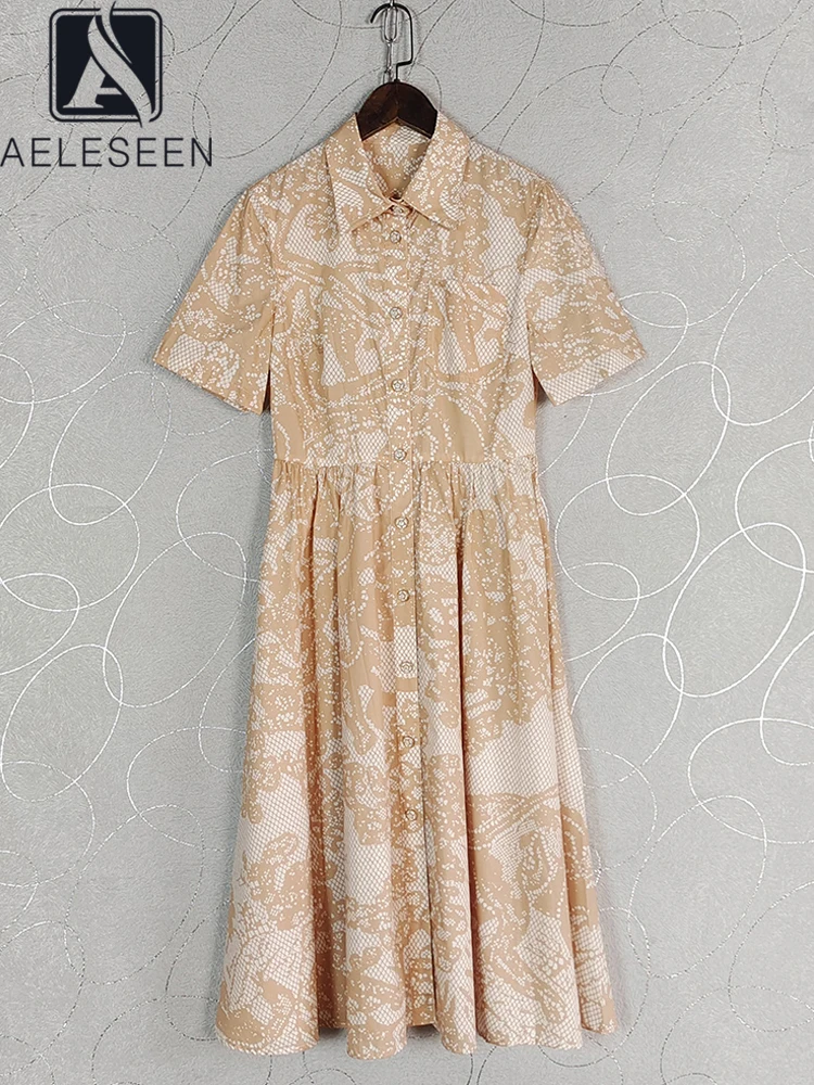 

AELESEEN Vintage Elegant Midi Dress Women 100% Cotton Flower Dots Print Retro Single-breasted Office Ladies Poplin Party