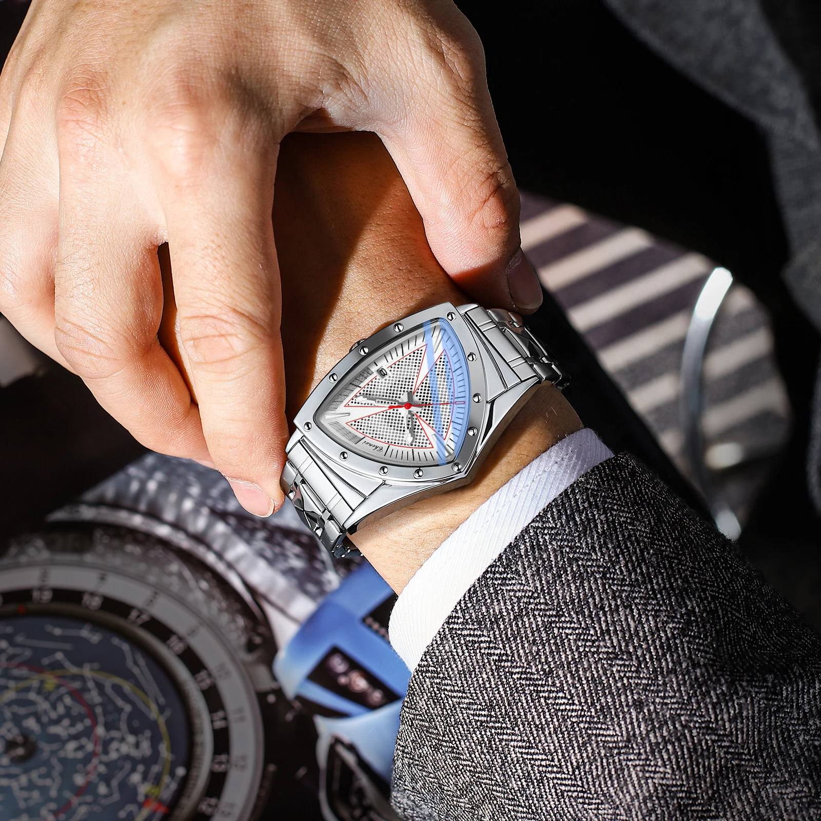 CHENXI シルバー メンズ クォーツ腕時計 不規則デザイン、防水、夜光、ステンレススチールブレスレット プレミアムタイムピース 2025