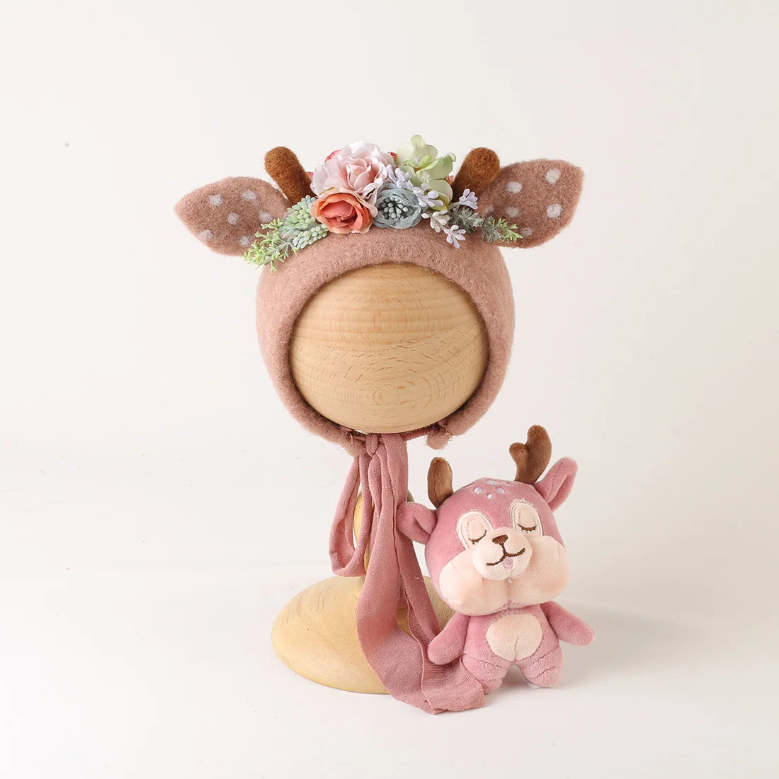 

Newborn Wool Felt Deer Floral Bonnet And Plush Toy Set Newborn Photography Prop Knitted Angora Teddy Bear Hat Toy Photo Shoot