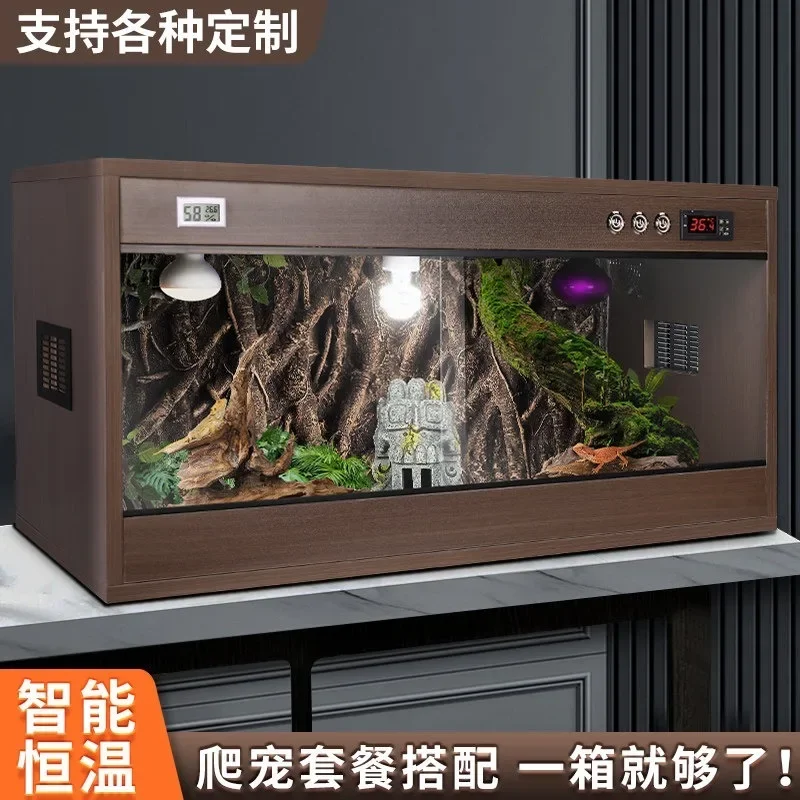 Climbing pet feeding box Solid wood incubator box Turtle tortoise feeding box Maned lion leopard print palace pet snake b
