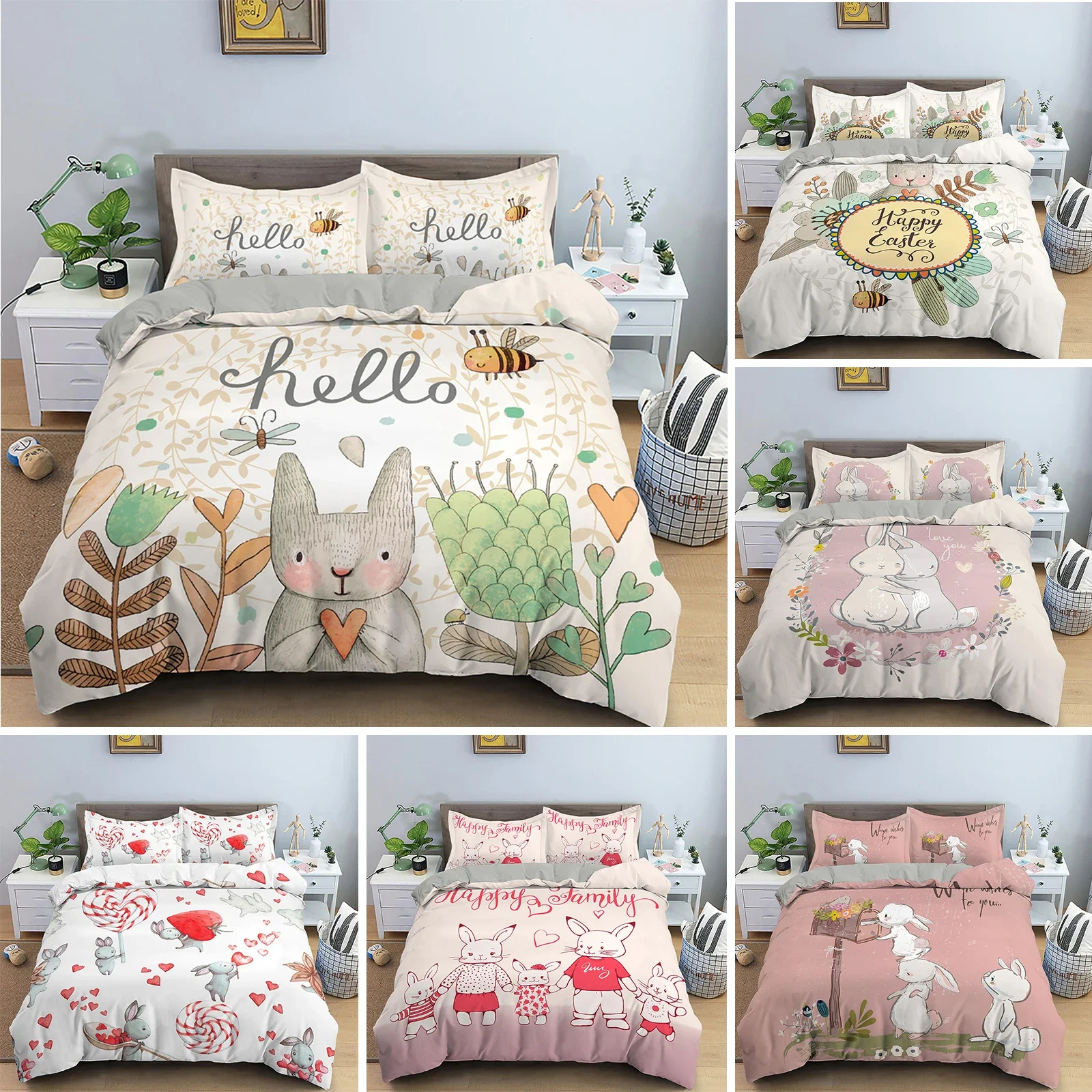 

Cartoon Rabbit Bunny Bedding Set for Kids Girl Women Polyester Duvet Cover Quilt Cover with Pillowcase Polyester Comforter Cover