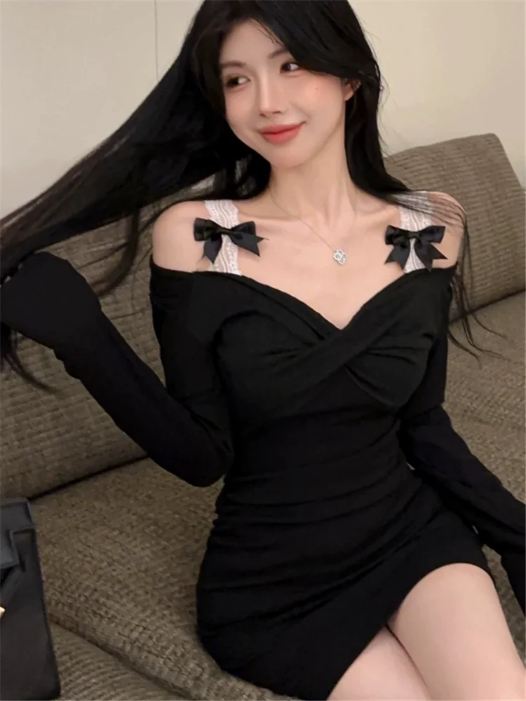 

Sexy Women Lace Straps Bow Black Mini Party Dress Fashion Long Sleeve Slash Neck Pencil Dress Off Shoulder Short Bodycon Dress