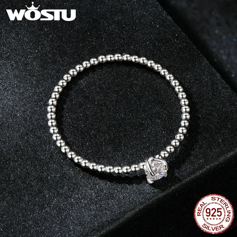 WOSTU Eenvoudige Ronde Moissanite Kralen Ring Vrouwen 925 Sterling Zilver Diamond Cut Stapelbare Ringen Meisje Party Engagement Band Gift