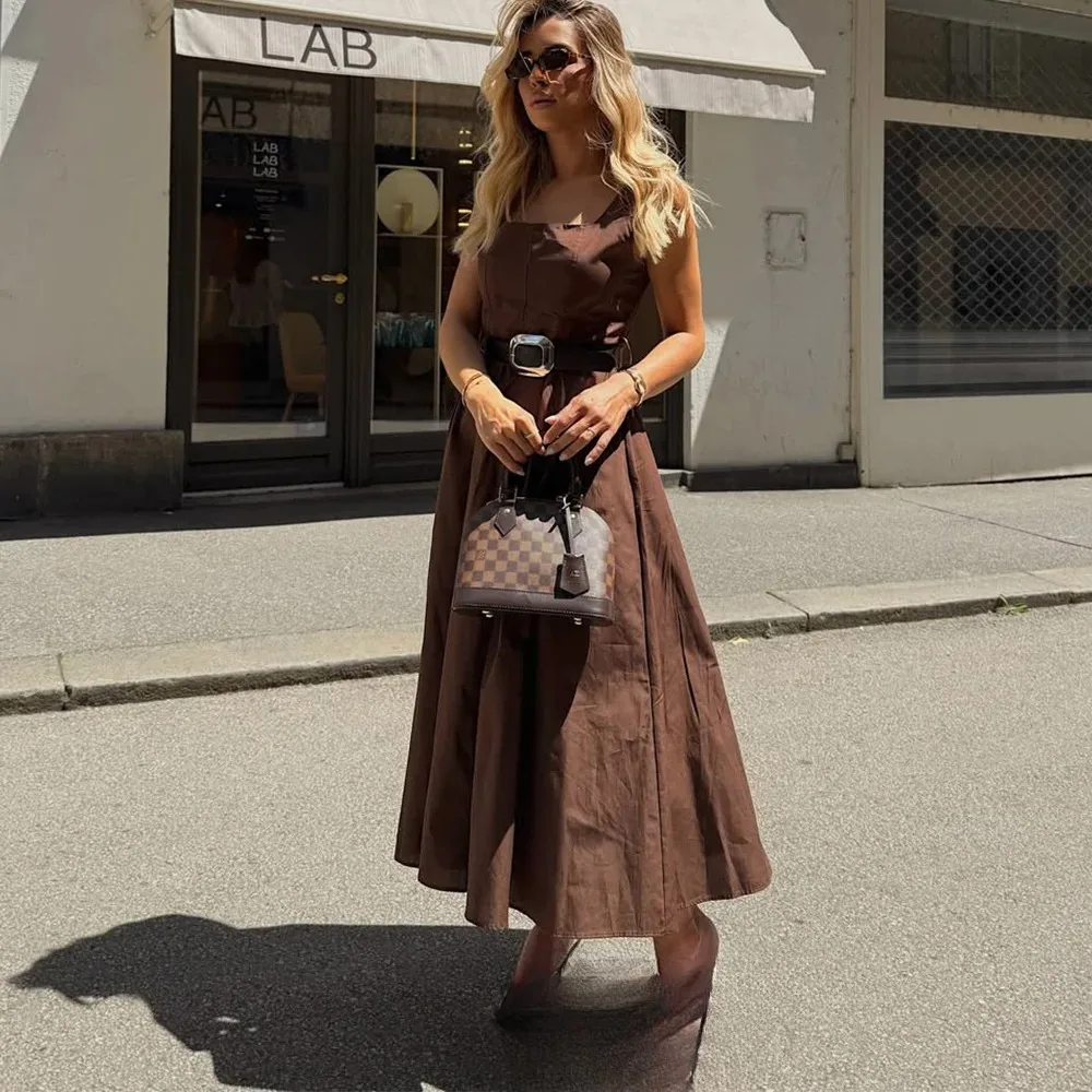 KONDALA Vintage Chic Brown Women Dress Cami Square Collar Belt Women Ruffles Long Dress Fashion 2025 Autumn Holiday Party Dress