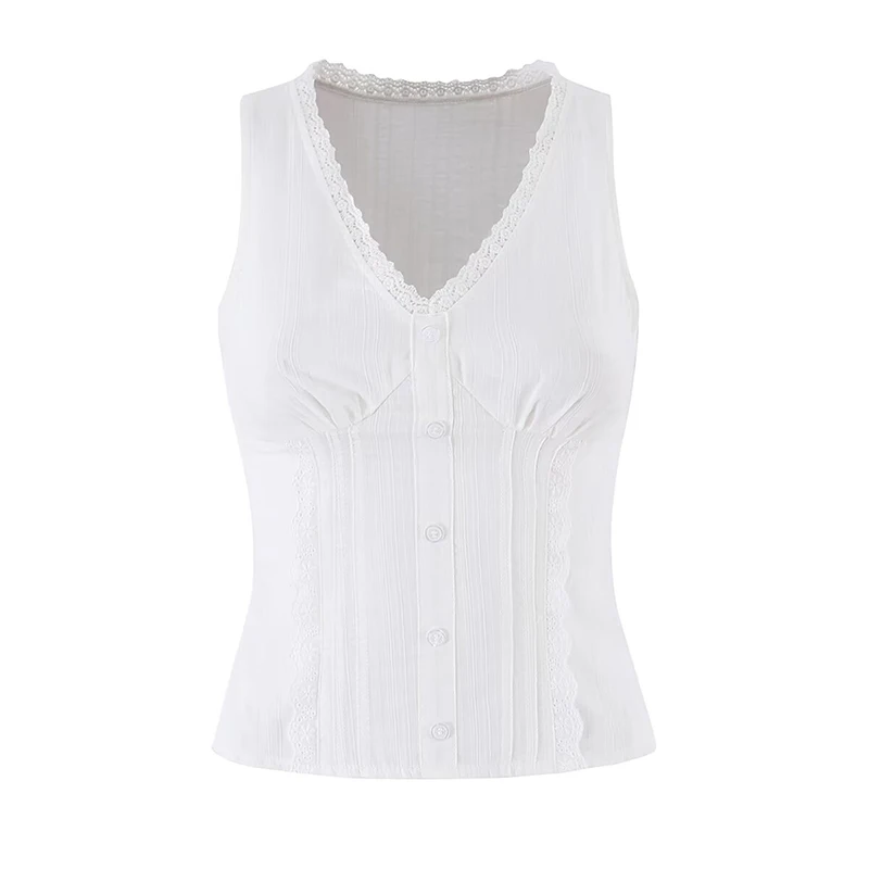 

YENKYE Cute White Lace Trim V-Neck Top Women Sleeveless Button Front Fitted Romantic Summer Tank Tops