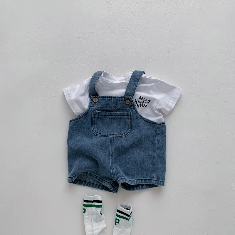 

2PCS Set Baby Clothes Summer Newborn Boy Girl Short Sleeve Letter Cotton T-shirt Top+Suspender Denim Shorts Overalls Outfit 0-3Y