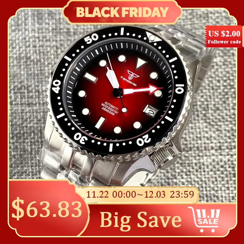 Tandorio Sunburst Red NH35A Mechanical Diver Watch Men SKX Model 3.8 Crown NH35 Movt 120 Clicks Bezel 200M Waterproof Clock