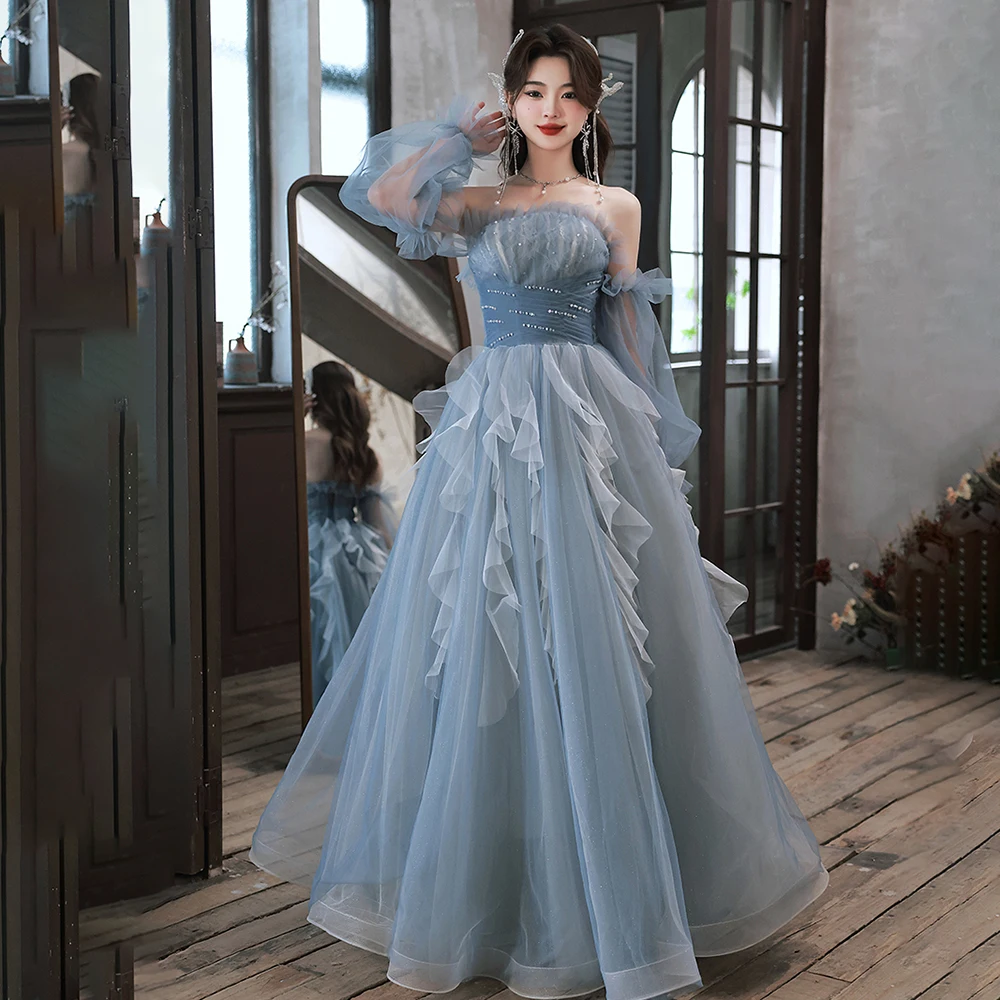 Strapless Cascading Ruffles Tulle Ceremony Prom Dress Customized Sequins Removable Long Sleeves Backless Teal Blue Evening Gown