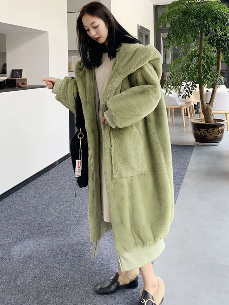 New Hooded Long Warm Thickened Jacket Trend Faux Rabbit Fur Coat Winter Casual Plush Chaqueta High-quality Luxury Outerwears Top