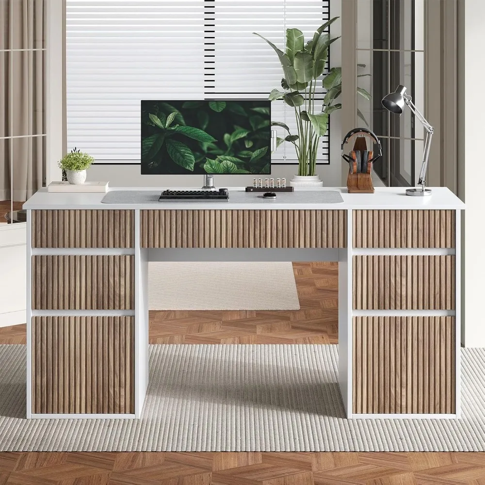 Large 58 Inch White Desk with 7 Drawers, Home Office Desk for Storage and Organization, Executive Style Desk with File Cabinet S