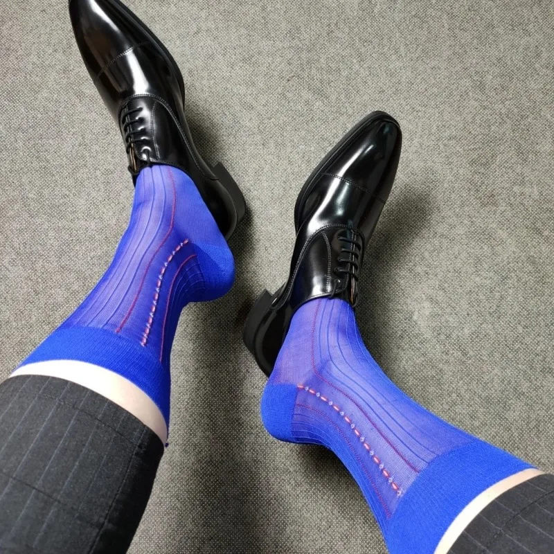 Vintage Jacquard Nylon Socks for Men Stripe Classic Royal Blue Business Formal Dress TNT Socks Man Sexy Thin Soft Mid Tube Socks