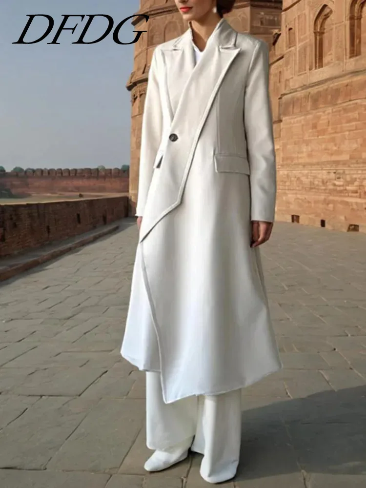 

DFDG Casual Minimalist Beige One Button Lapel Long Windbreaker Jacket For Women 2024 Spring And Autumn Collection