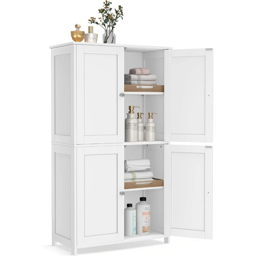 Tall Freestanding Storage Cabinet with Adjustable Shelves and Four Doors in Cloud White Finish