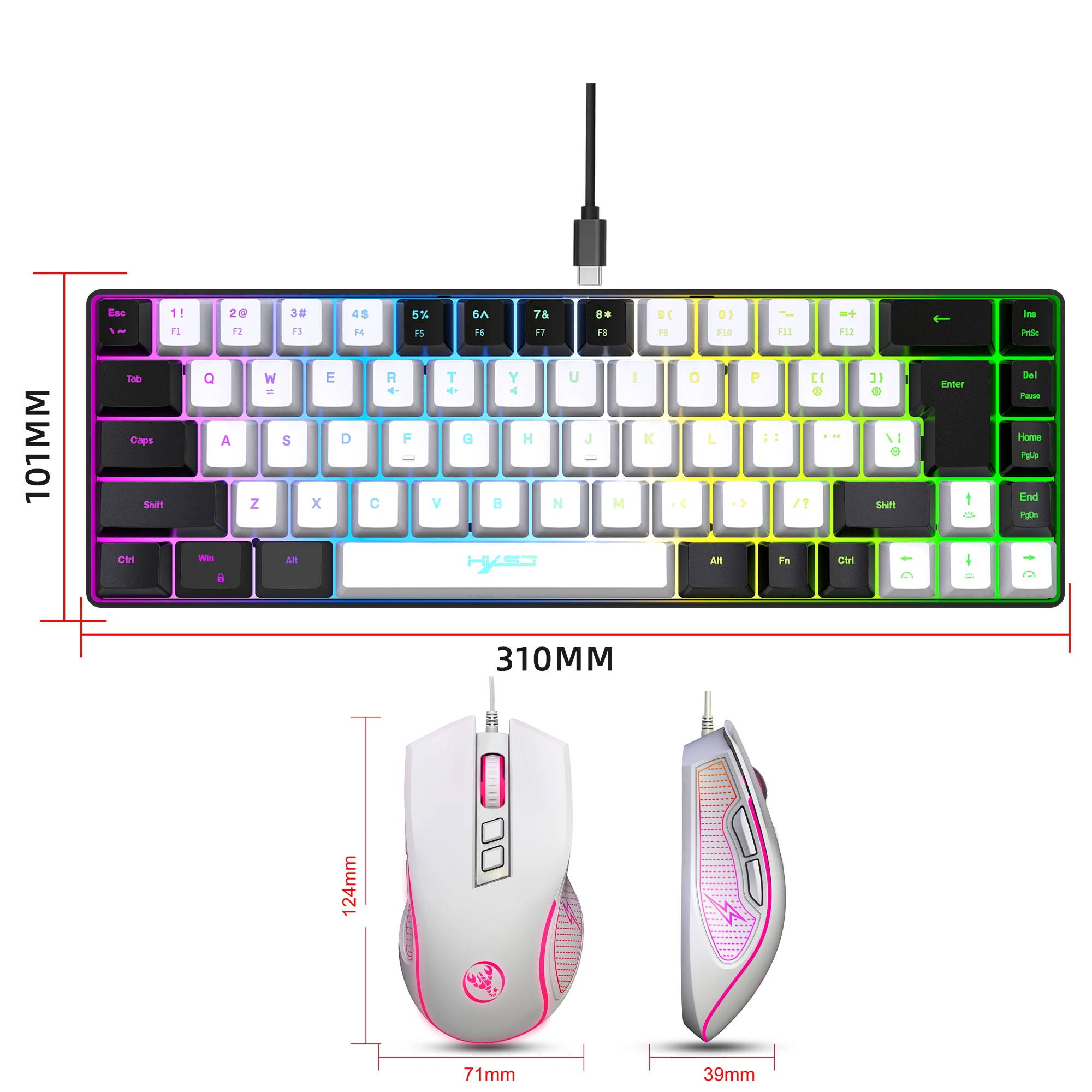 2024 neueste hxsj mini v200 68 tasten mechanisch fühlen tastatur kompakt rgb leuchtende gaming maus und tastatur kombinationen für pc-spiele