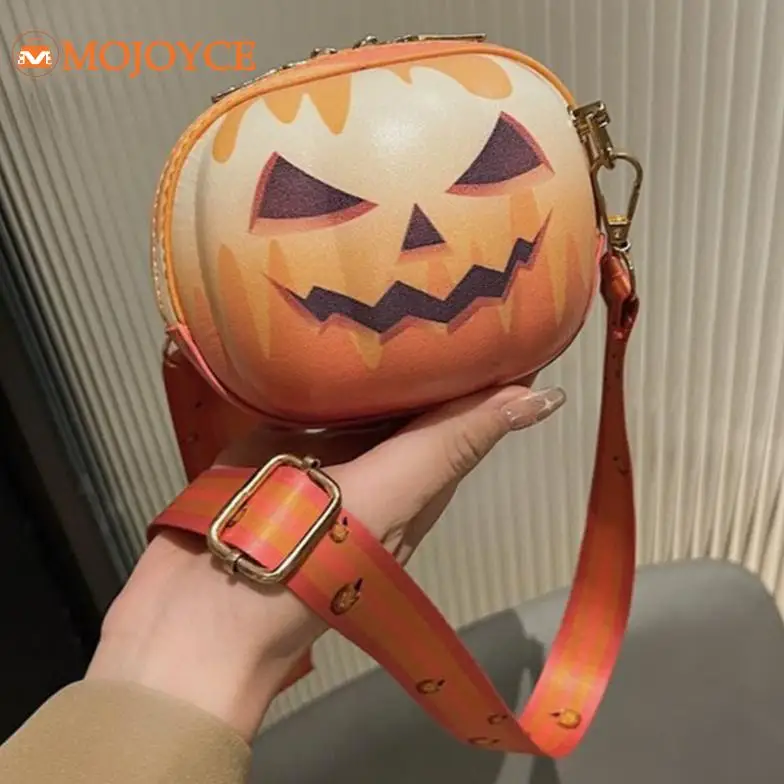 Cartoon Pumpkin Round Small Candy Bag Halloween Smiling Face Mini Crossbody Bag Fashion Wide Strap Sling Shoulder Messenger Bags