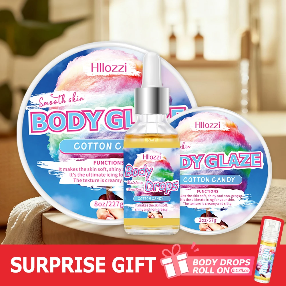 Zuckerwatte-Set bestehend aus 30 ml/1 fl oz Körpertropfen und einer 2 oz/57 g oder 8 oz Körperglasur sowie eine ergänzende 5 ml/0,17 g Roll-o