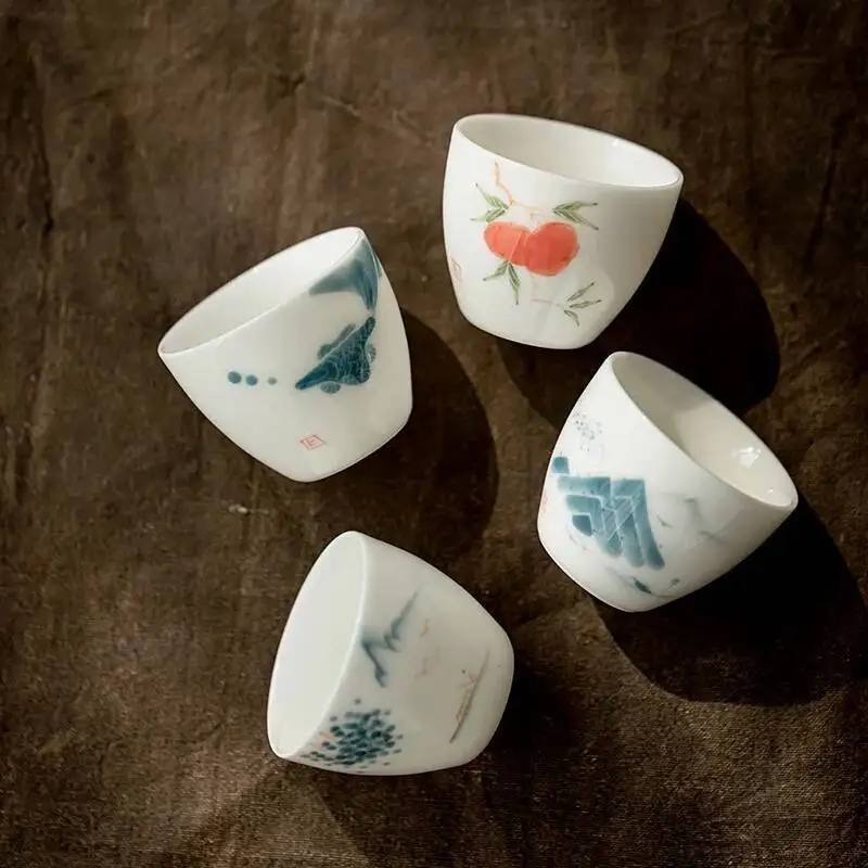 Hand-painted Sheep Fat Jade Porcelain Tea Cup Kung Fu Tea Set Handmade Ceramic Underglaze Color Hand-painted Single Cup