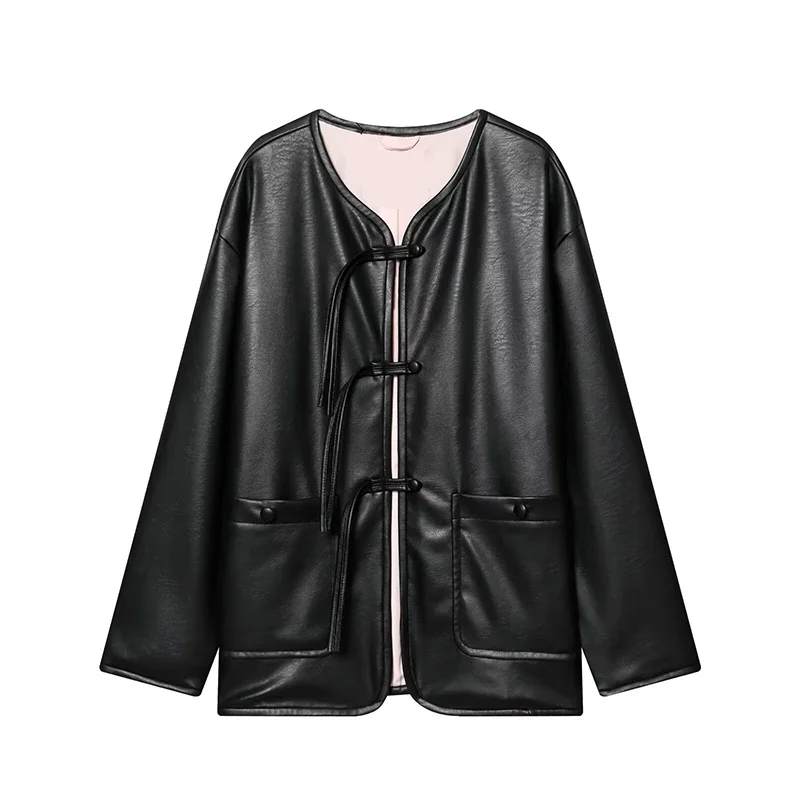 

Women's Faux Leather Jacket Coats Spring New Fashion O-Neck Long Sleeve Coats Vintage Female Outerwear Chic Tops