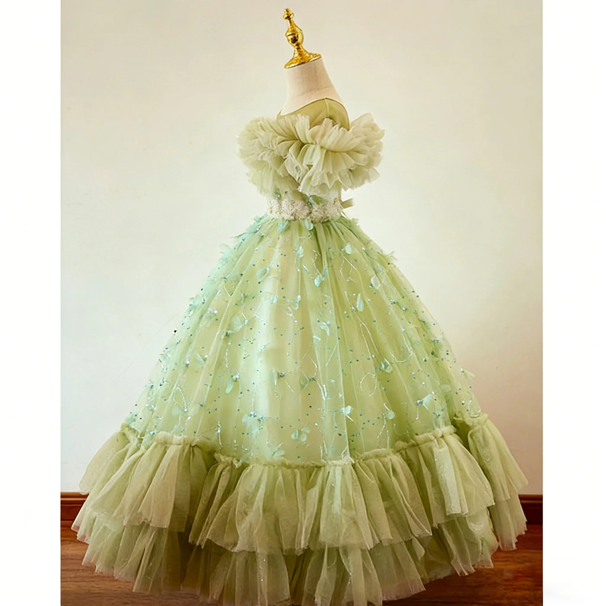 

L&P DQL Studio Flower Girls Dress 2026 Long Girls Party Dress Pleats Tulle with Handmade Flowers Sequins Lace-up Back
