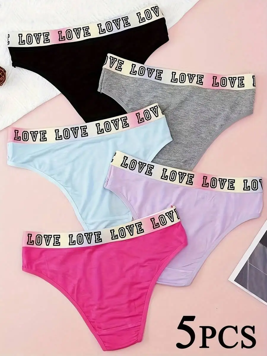 

5pcs Women Mid Waist Briefs Colorful LOVE Waistband Cotton Underwear