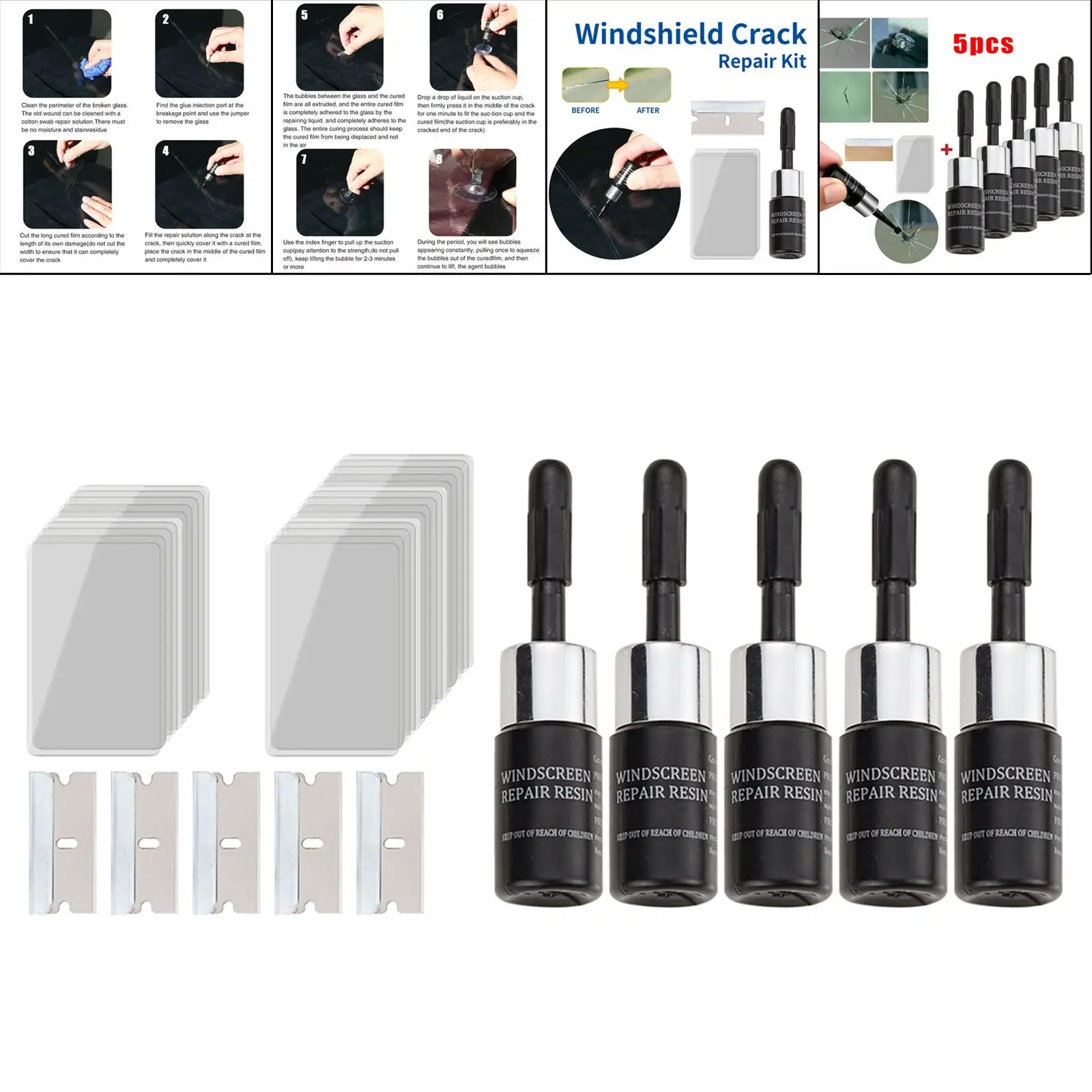 مجموعة إصلاح شقوق الزجاج الأمامي لسائل إصلاح الزجاج الأمامي مكونة من 5 قطع، أجزاء احترافية