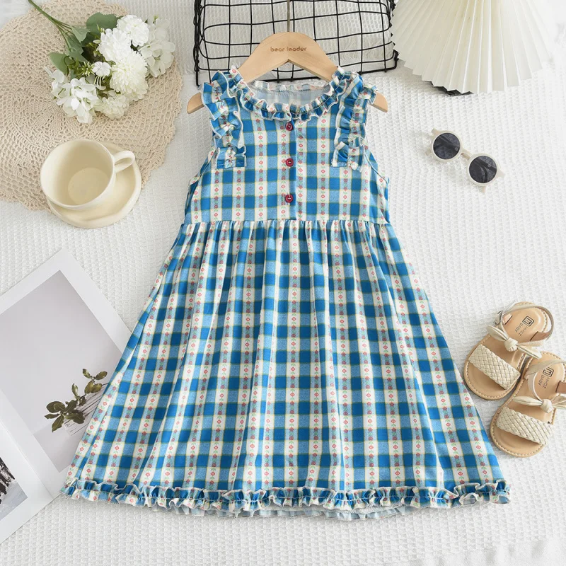 

Girls' Princess Dress Plaid Tank Dress for Young Girls with Small Flutter Sleeves and Ruffled Hem New Summer Casual Dress