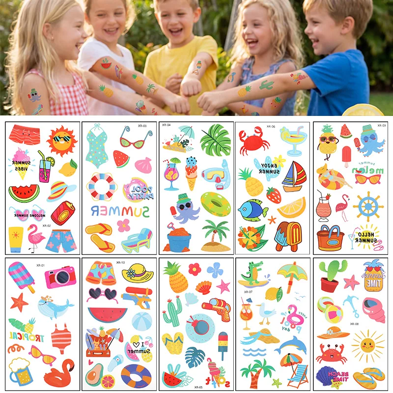 

10pcs Hawaiian Summer Party Temporary Tattoo Sticker Waterproof Tropical Flamingo Luau Beach Birthday Party Decoration Kids Gift