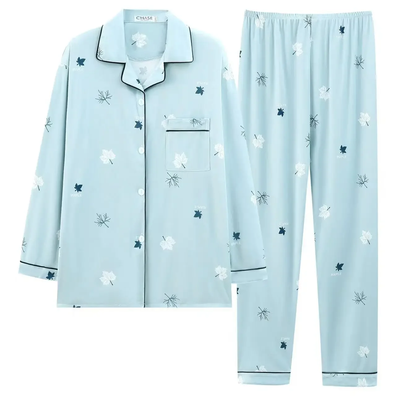 Confortável pijama masculino de manga comprida, cardigã azul claro, conjunto de roupas soltas para casa, primavera e outono