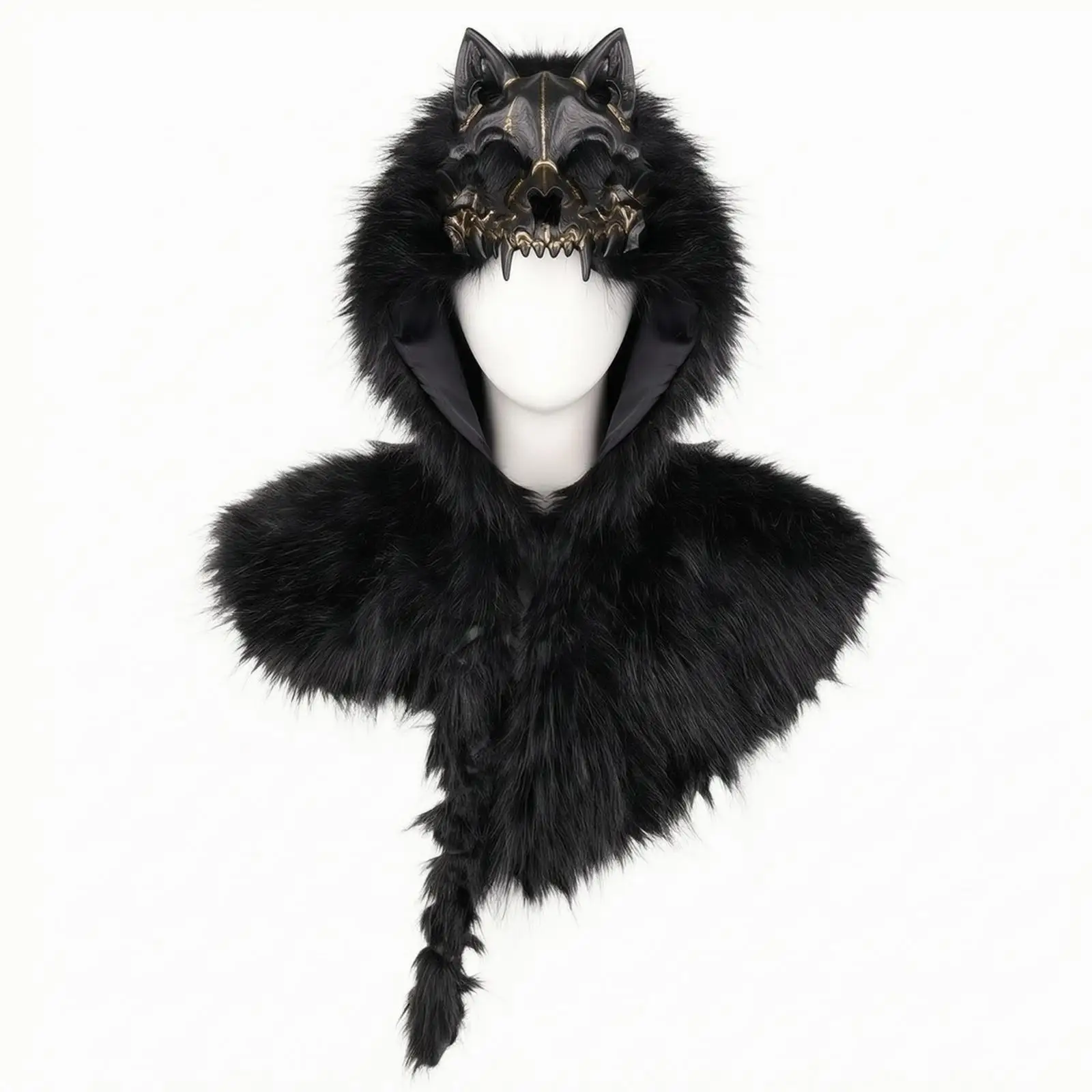 Hooded Viking Wolf Cape Faux Fur with Skull Mask Halloween Cloak for Cosplay Stage Performance