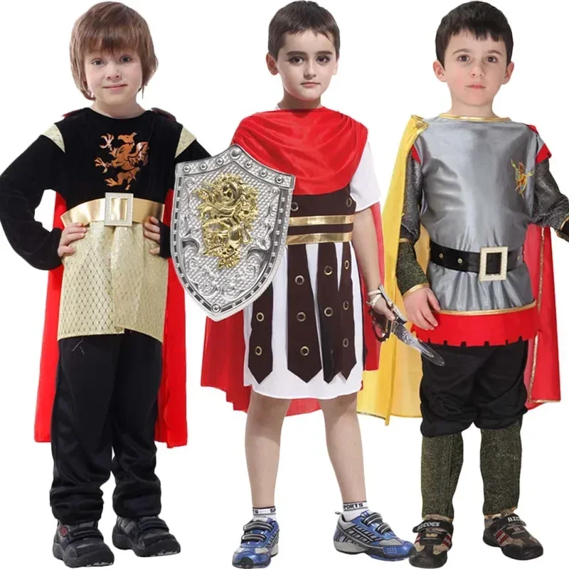 Carnival Medieval Roman Royal Knight Warrior With Cloak Cosplay Costume For Boy Girls Party European Soldier Hat CMM221