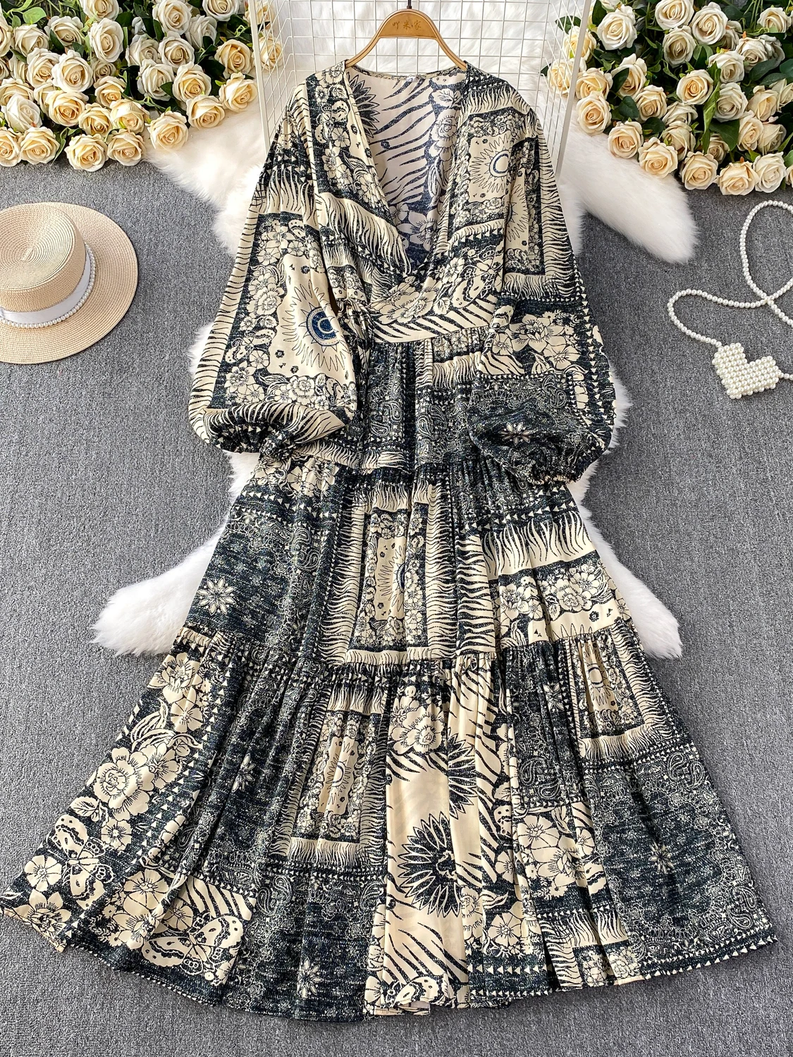 Ele Lange Dr vrouwen Sexy V-Ne Print Hoge Taille Verzameld Afslanken Rok Koreaanse Sle Pendelen Zomer Anti-bal