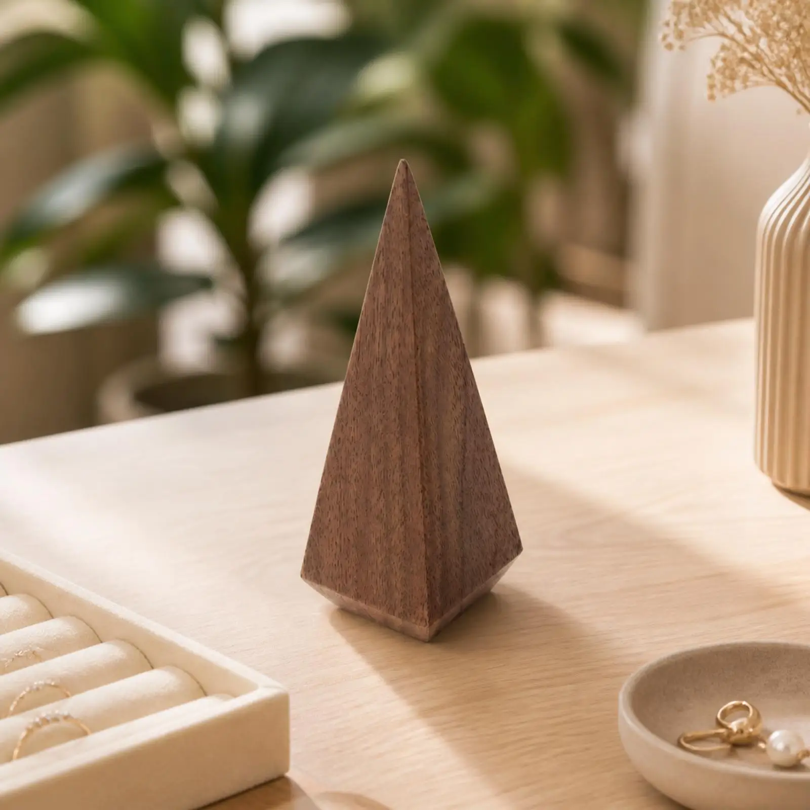 Wooden Ring Display Stand Jewelry Holder Pyramid Mini Stand for Rings Necklaces and Earrings
