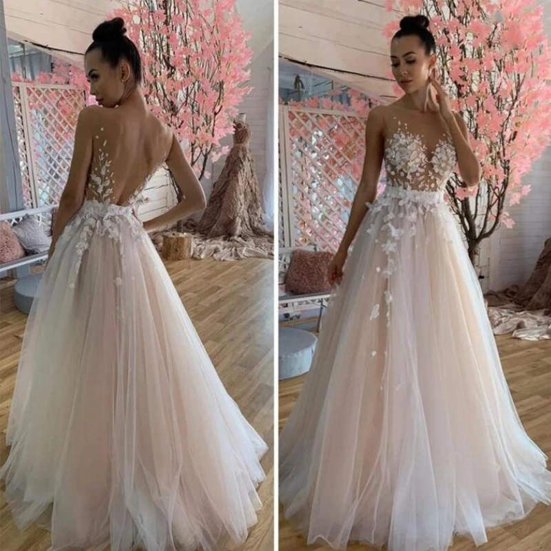 

ZJ6022 Sexy Illusion Tulle Lace Appliques Wedding Dress 2024 Pink A line Sweetheart Off the Shoulder Bridal Backless