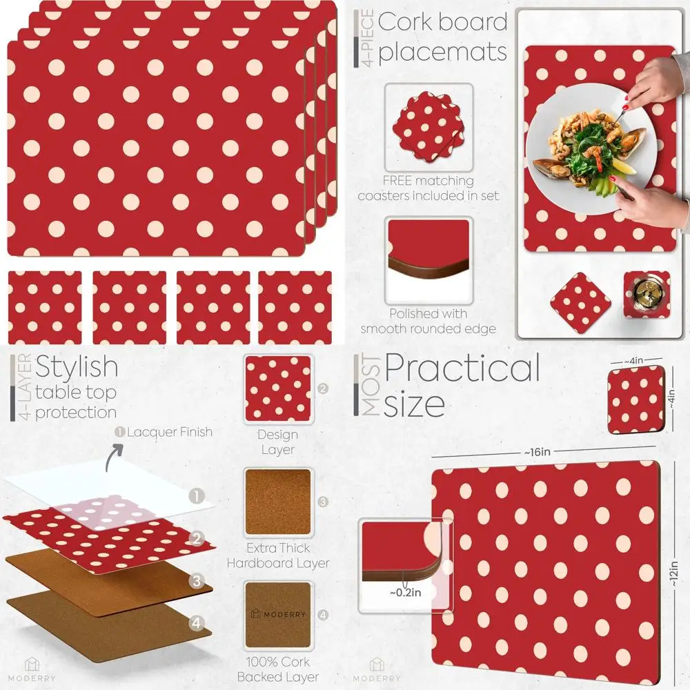 

Набор из 4 термостойких пробковых подставок для посуды с подходящими подставками для напитков в кремовом и красном цвете с рисунком в горошек, 16x12 дюймов