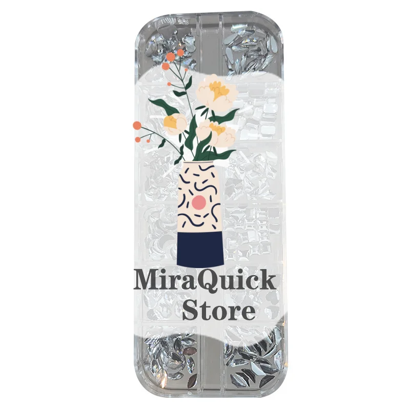 คริสตัลกลิตเตอร์แบบแบน 12 ช่อง รูปทรงเรขาคณิต สำหรับตกแต่งเล็บ อุปกรณ์ทำเล็บ DIY