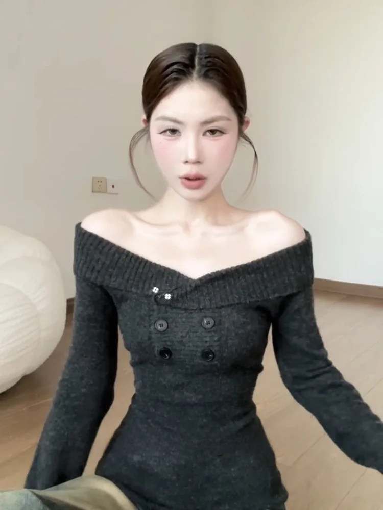 Vネック、肩出し、ロング丈、ニットセーター、レディース、レトロ、スパイシー、スリム、インナーウェア、秋トップス、若い女性向け