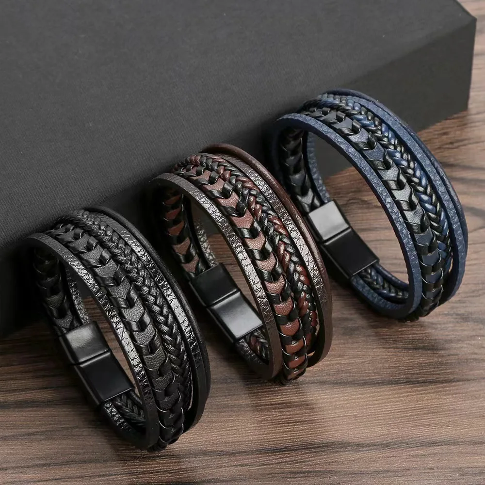 1PC Trendy Men's Accessories Alloy Magnetic Buckle Multi layer Retro Leather Rope Braided Bracelet Bracelet Fashion Dressing