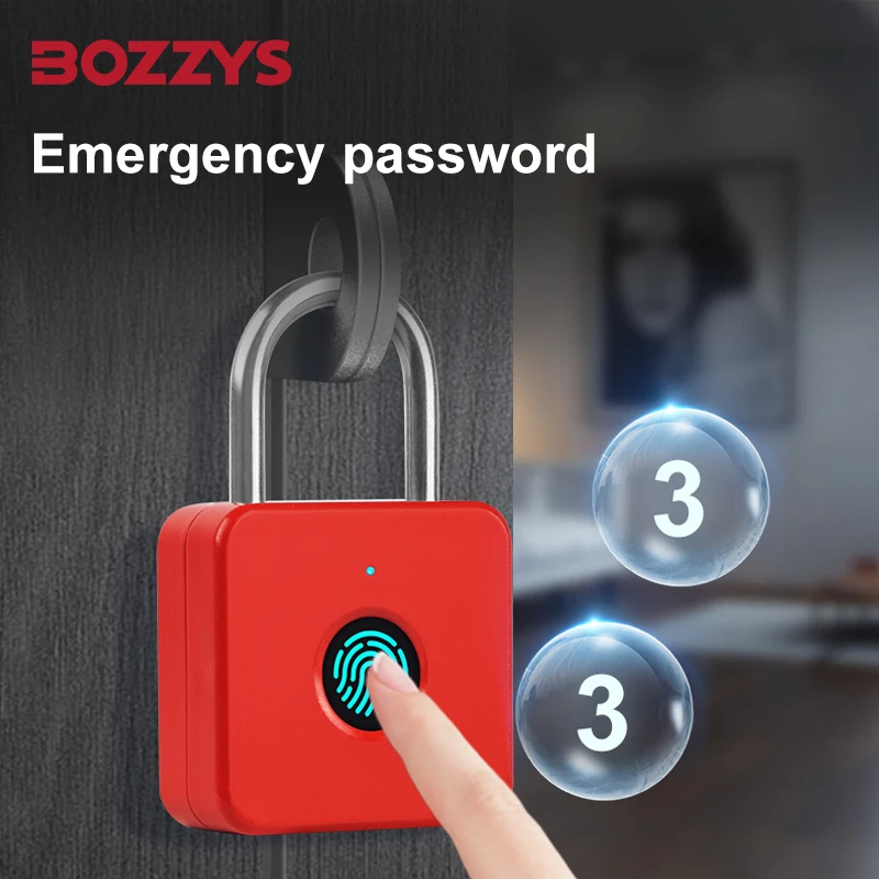 Red Fingerprint Padlock Smart 10 Users 05s Unlock PC ABS Plastic Body USB C Rechargeable 500N Anti Cut Travel Lock