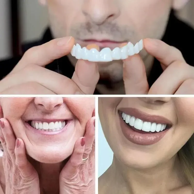 Dientes postizos de ajuste cómodo temporal superior e inferior, dentadura falsa, carillas de sonrisa, cubierta de soporte con Gel de pegamento de