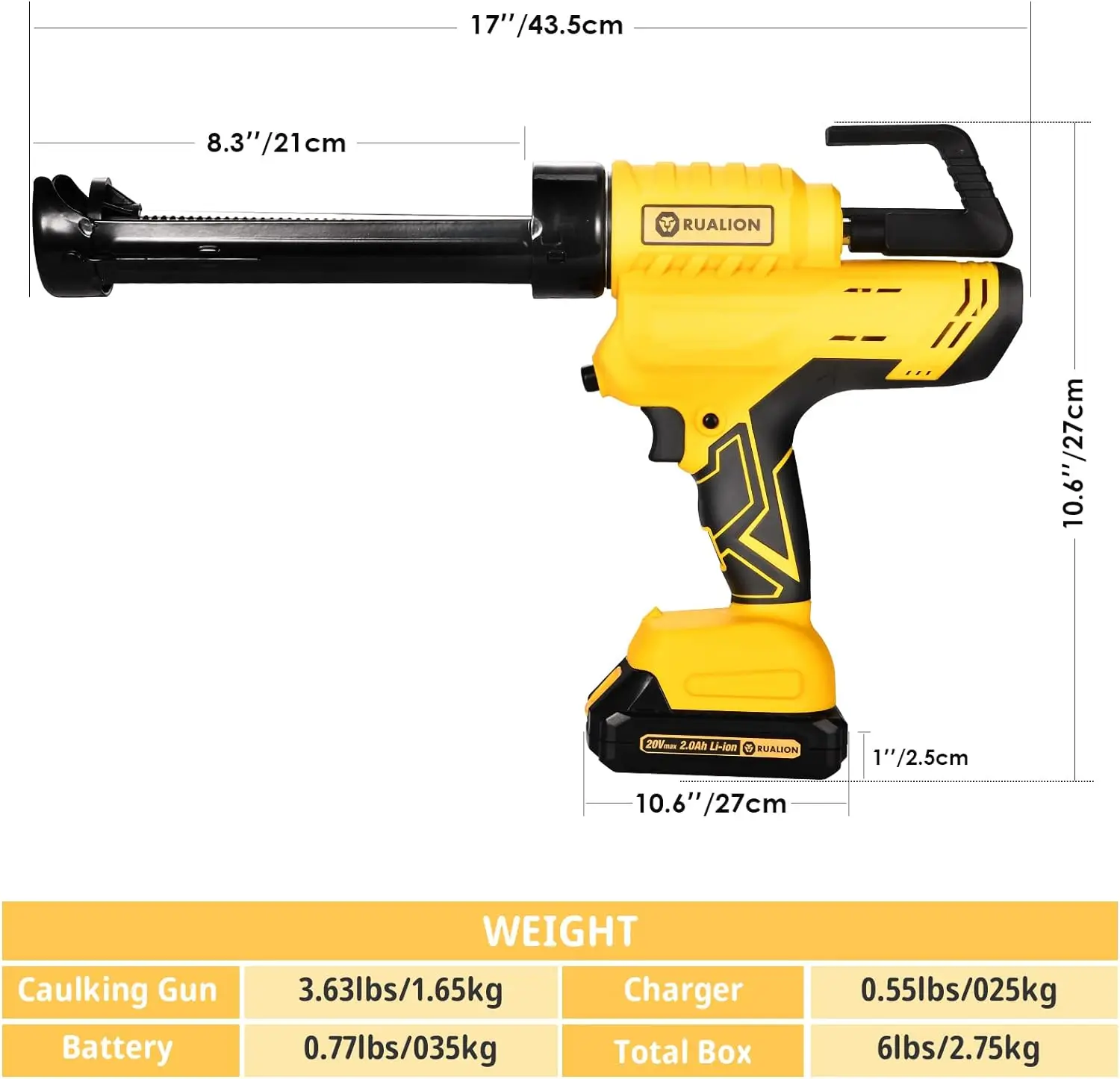 

Cordless Caulking Gun: Max 6500N Force 10oz/300ml Electric Caulk Gun with 2 * 2.0Ah Li-Battery & Anti-Drip Design