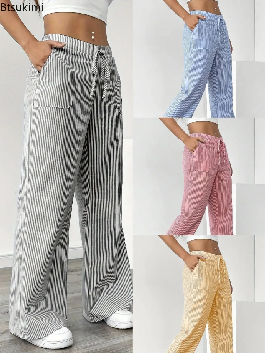 2026 Women's New Striped Wide Leg Pants Casual Comfortable Trousers Polyester Woven Fabric Mid Waist Full Length Loose Fit Wear