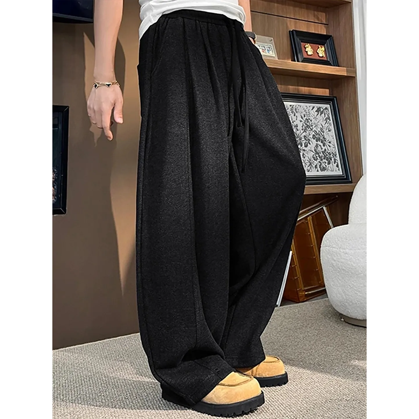 

Thiened Wool Blend Men's Wide Leg Sweatpants Loose BF Lazy Sle Casual Long Pants Autumn Winter Warm Knitted Elastic Waist