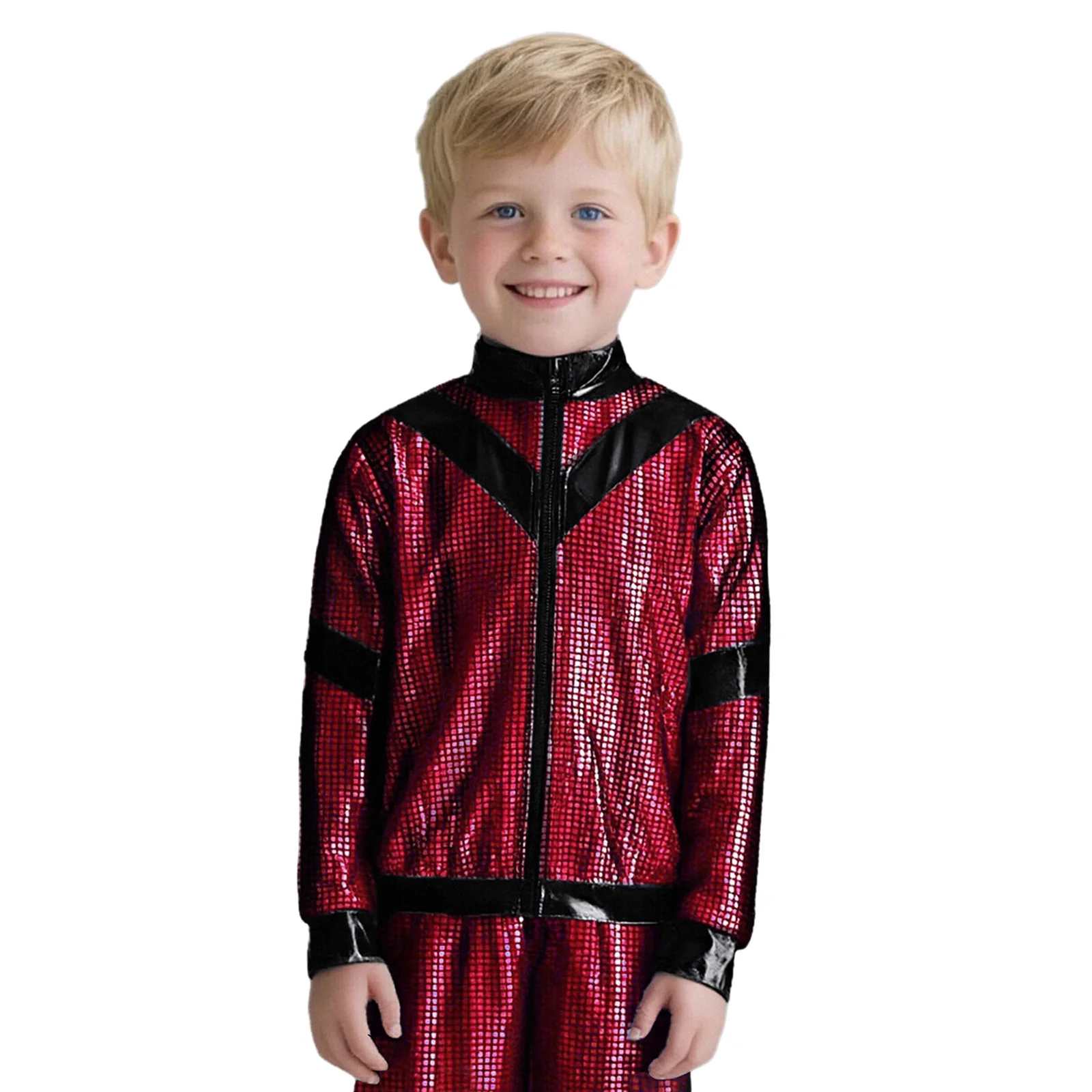 어린이 소년 소녀 힙합 재즈 댄스 의상 봄 긴 소매 앞 지퍼 메탈릭 격자 무늬 컬러 블록 자켓 코트 streetwear