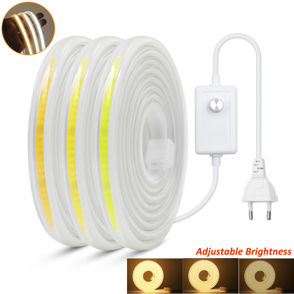 AC 220V COB LED Strip Lights 288LED/m Adjustable Brightness Outdoor Waterproof Lamp 3000-6500K With Dimmer Switch EU Power Kit